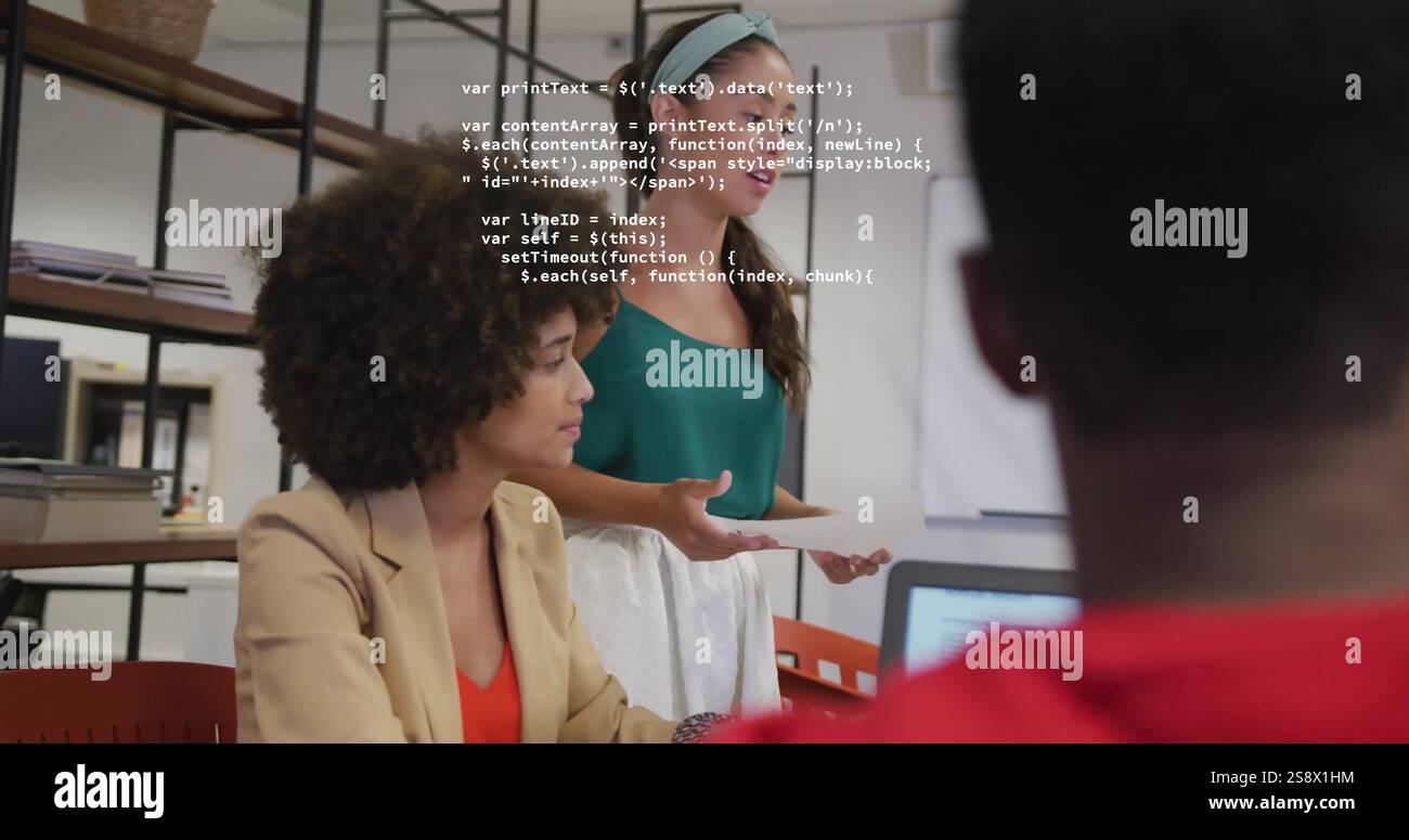Image of data processing over diverse colleagues talking in creative office Stock Photo