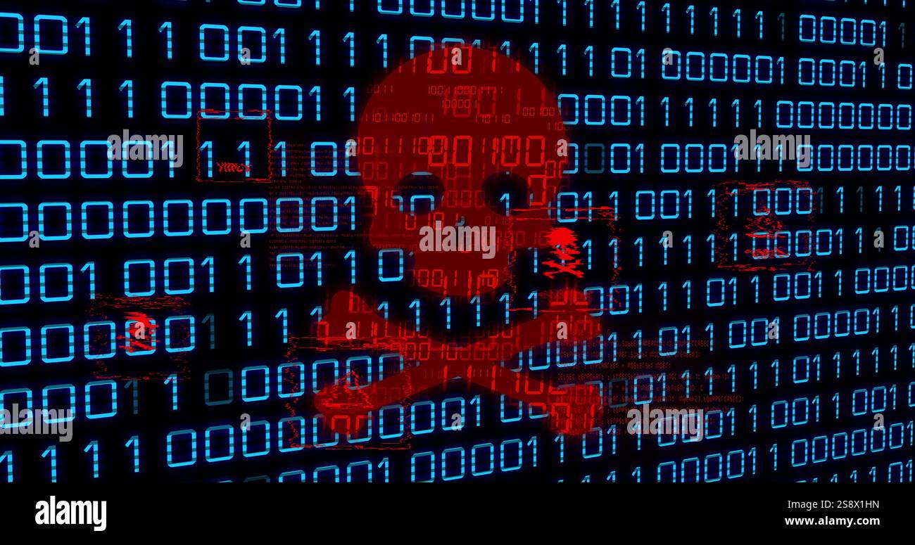 Image of skull and bones, binary coding and data processing Stock Photo
