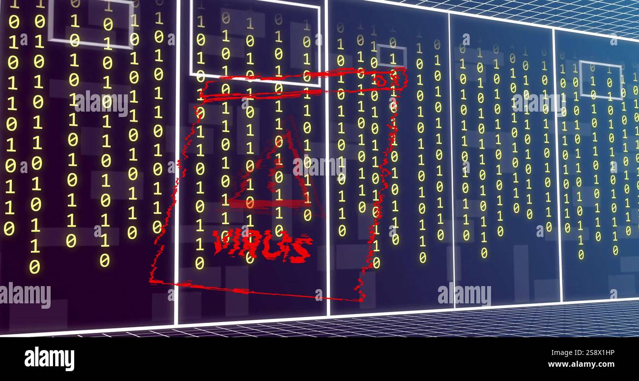 Image of virus text, binary coding and data processing over computer servers Stock Photo