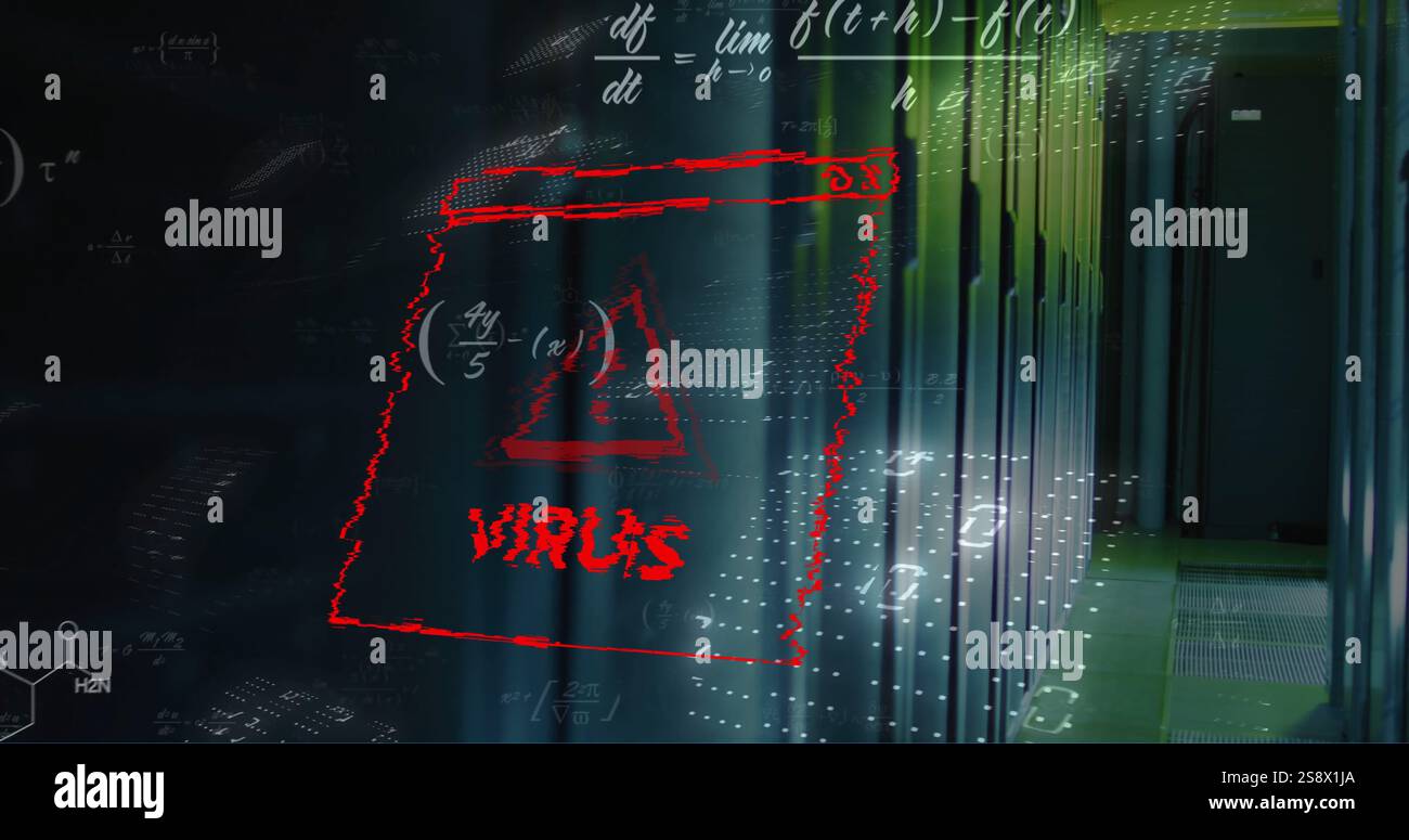 Image of virus text, binary coding and data processing over computer servers Stock Photo