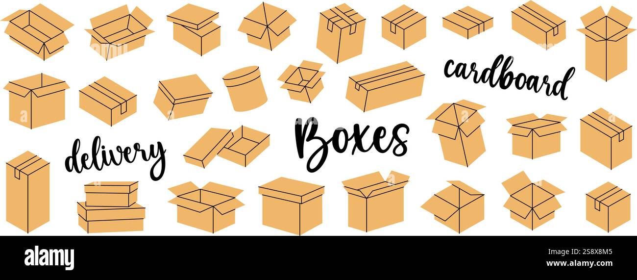 Cargo boxes. Carton delivery packaging boxes. Present gift boxes ...