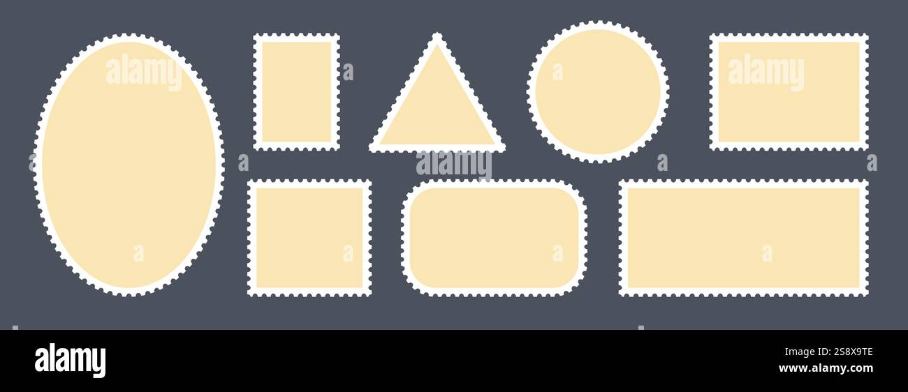Beige postage stamps set. Post stamp frames and borders. Ellipse ...