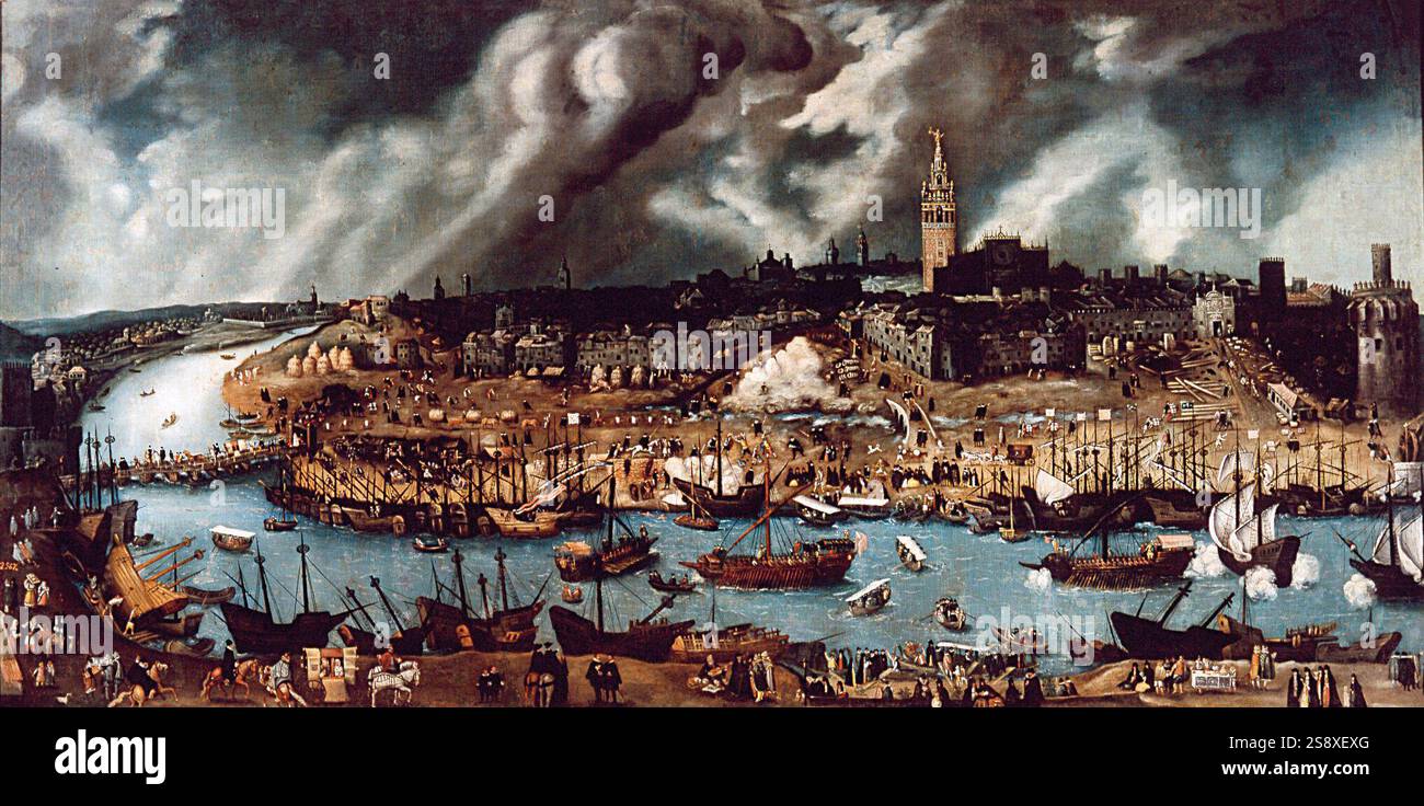 Late 16th-century Seville, the harbor enjoying the exclusive right to trade with the New World Stock Photo