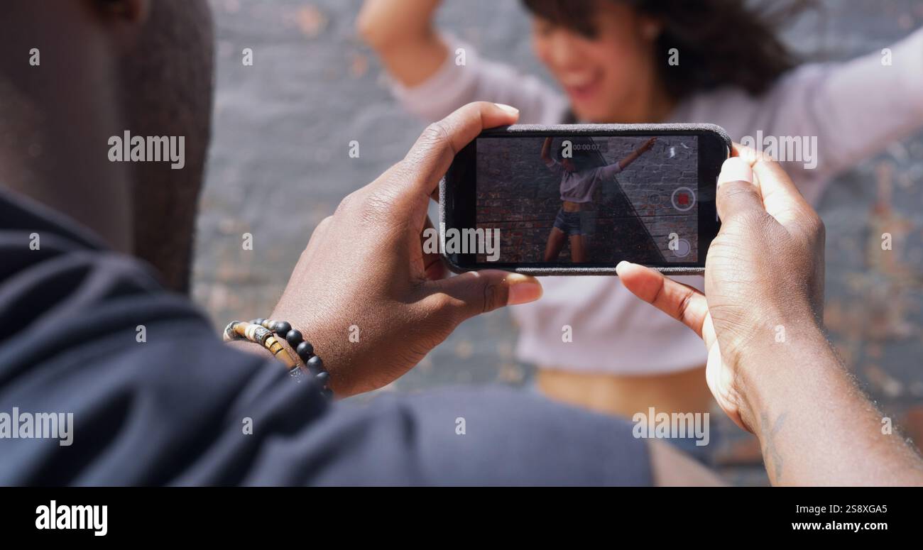 Phone screen, dancing and recording with couple, hands and capture ...