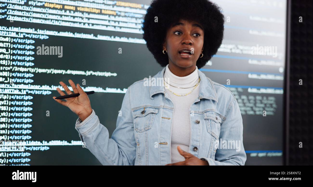 Coding lecture, student and woman teaching, education and learning in ai course. African person, class and study programming in university with data Stock Photo