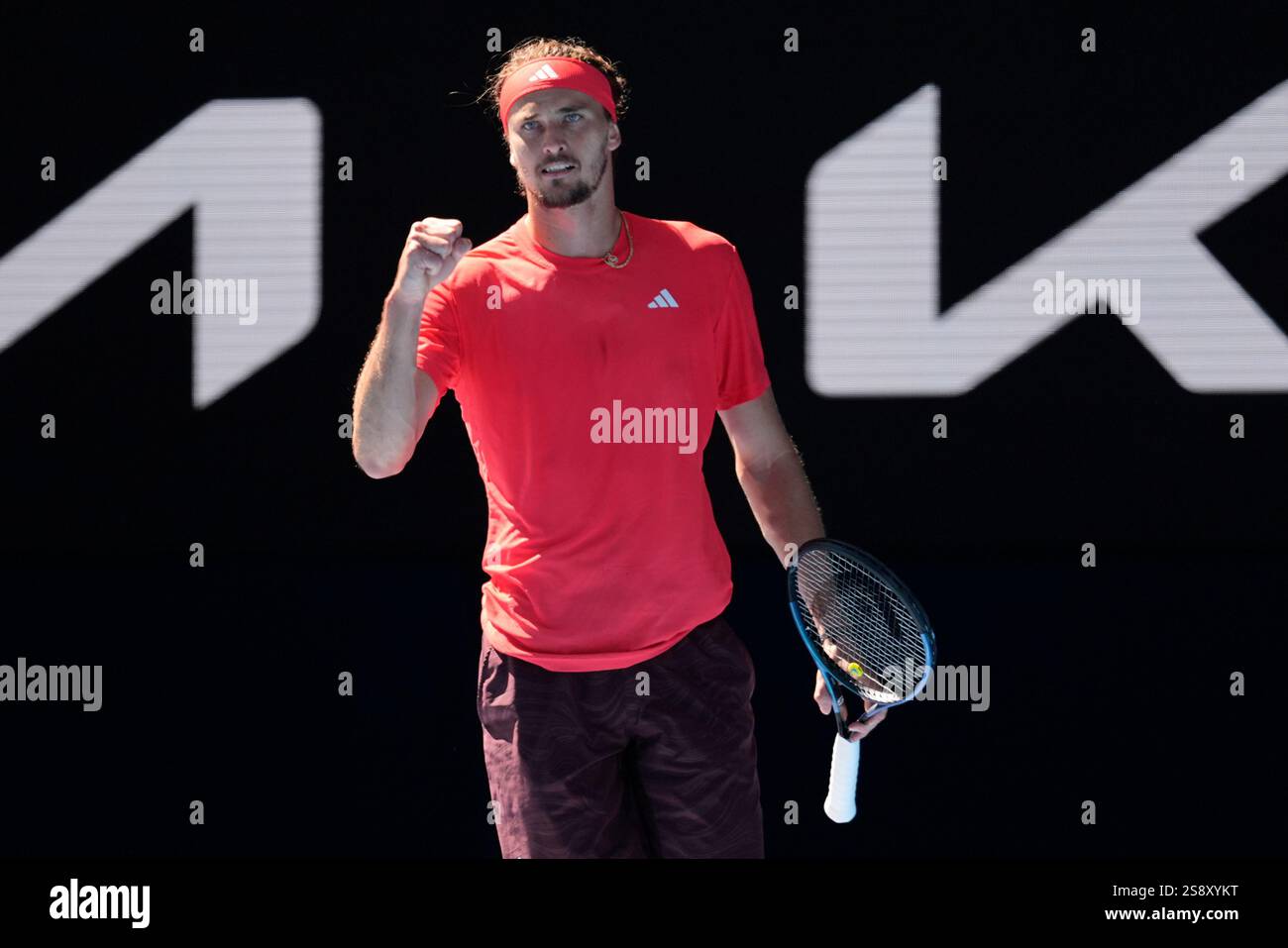 Alexander Zverev of Germany reacts after winning the first set during his semifinal match