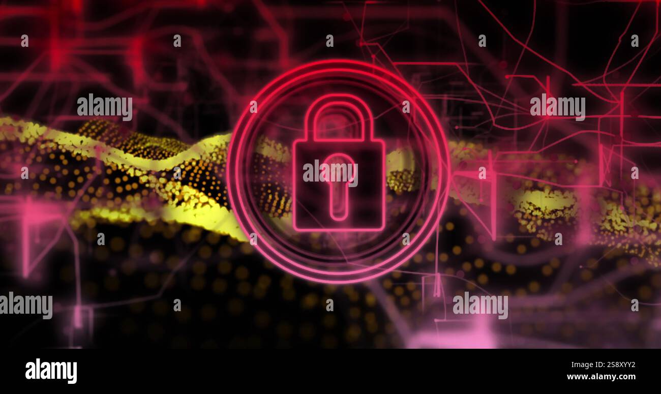 Lock icon image over digital network and data visualization background Stock Photo