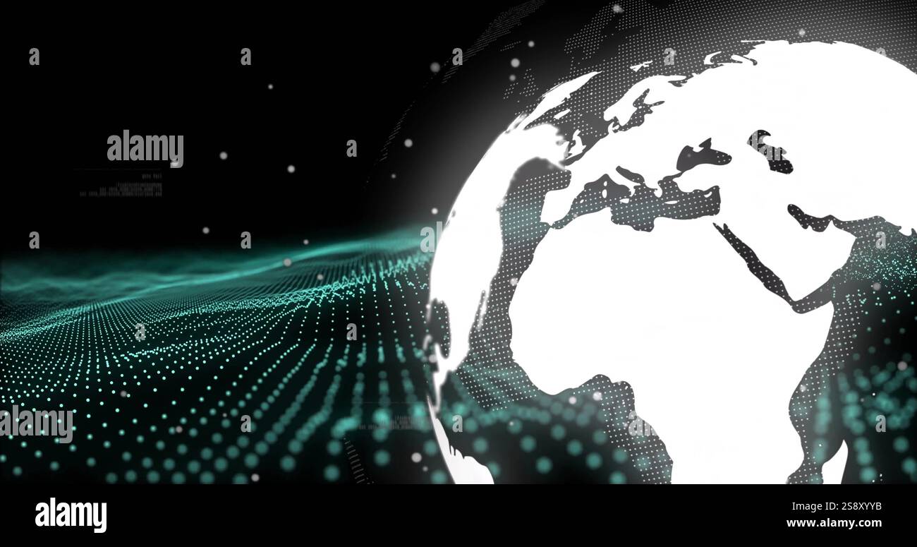 Digital globe and data points image over dark background Stock Photo