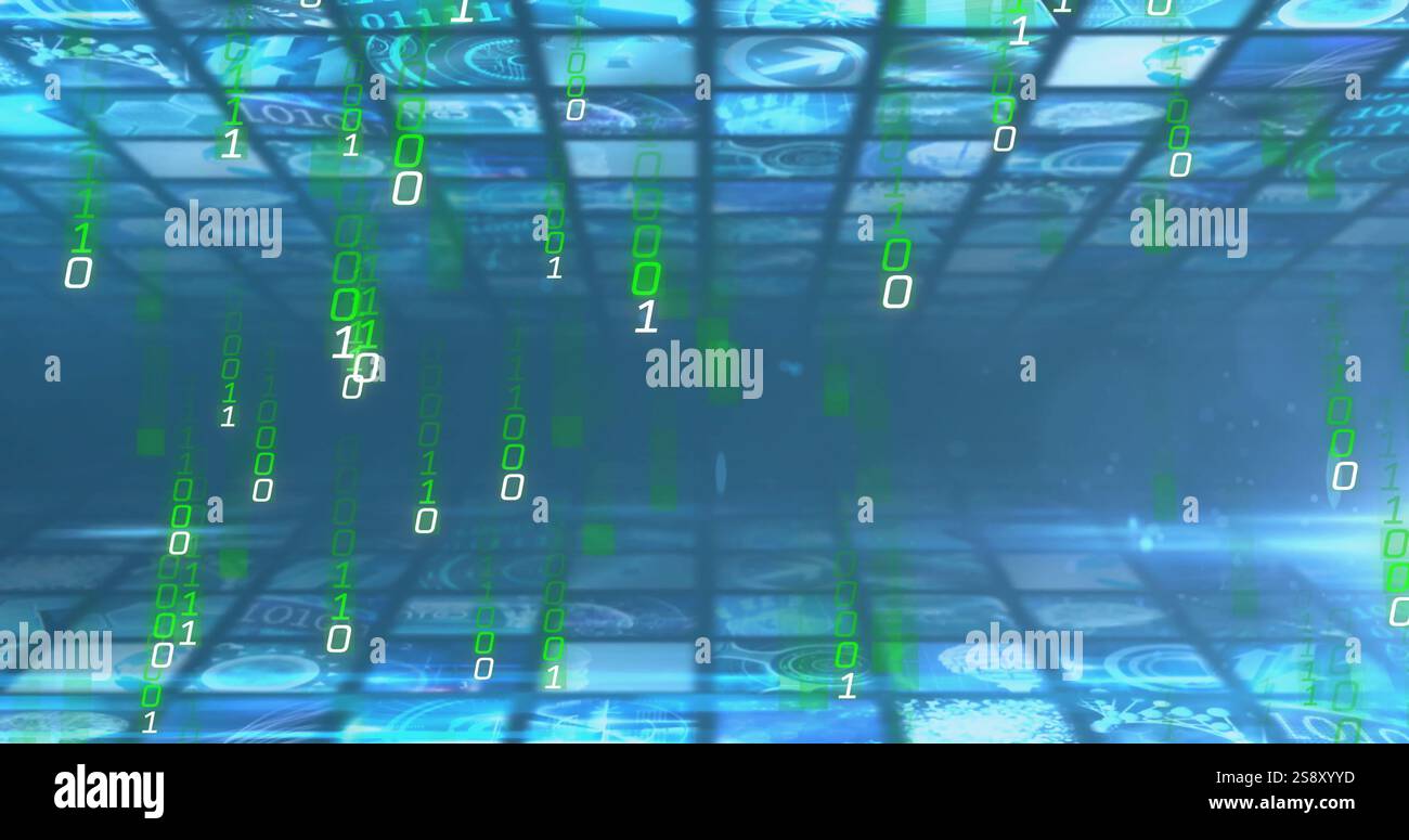 Binary code image over financial data and currency symbols Stock Photo