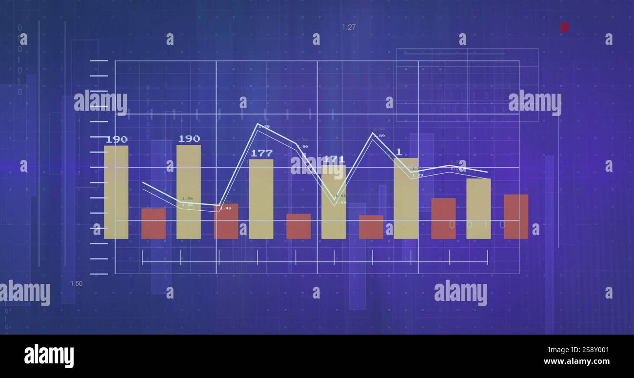 Bar and line graphs with numerical data over blue digital image background Stock Photo