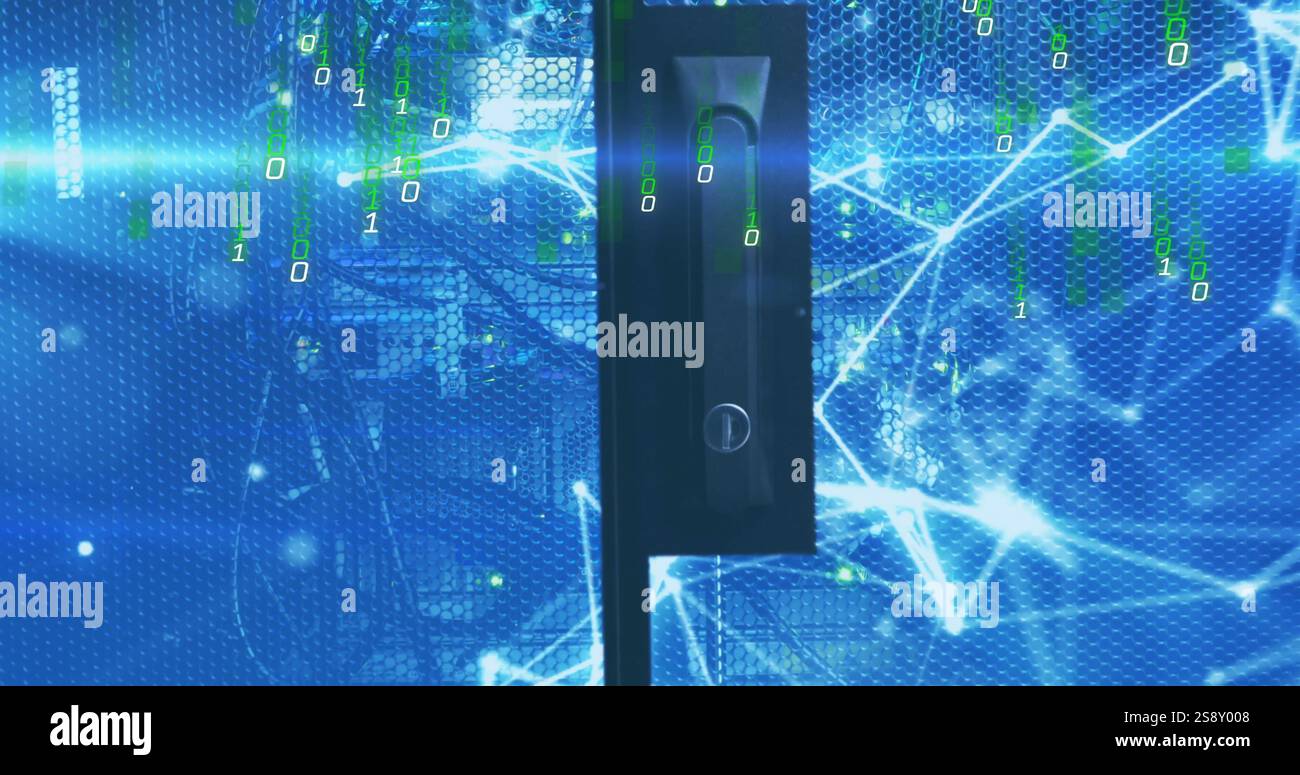 Binary code and network connections image over blue digital background ...
