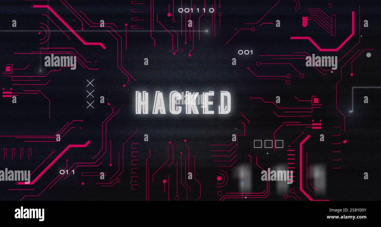 Image of data processing with hacked text and computer circuit board on black background Stock Photo