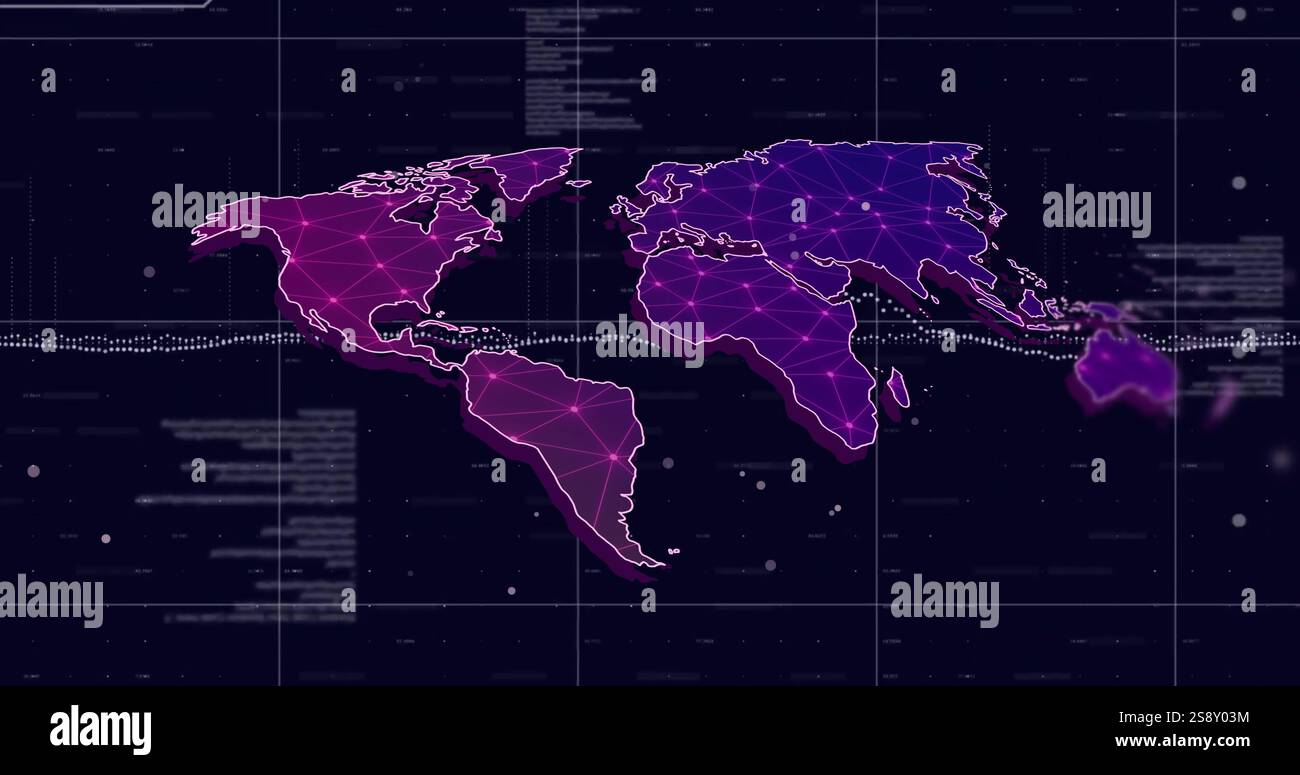 World map with network connections and data points image over dark background Stock Photo