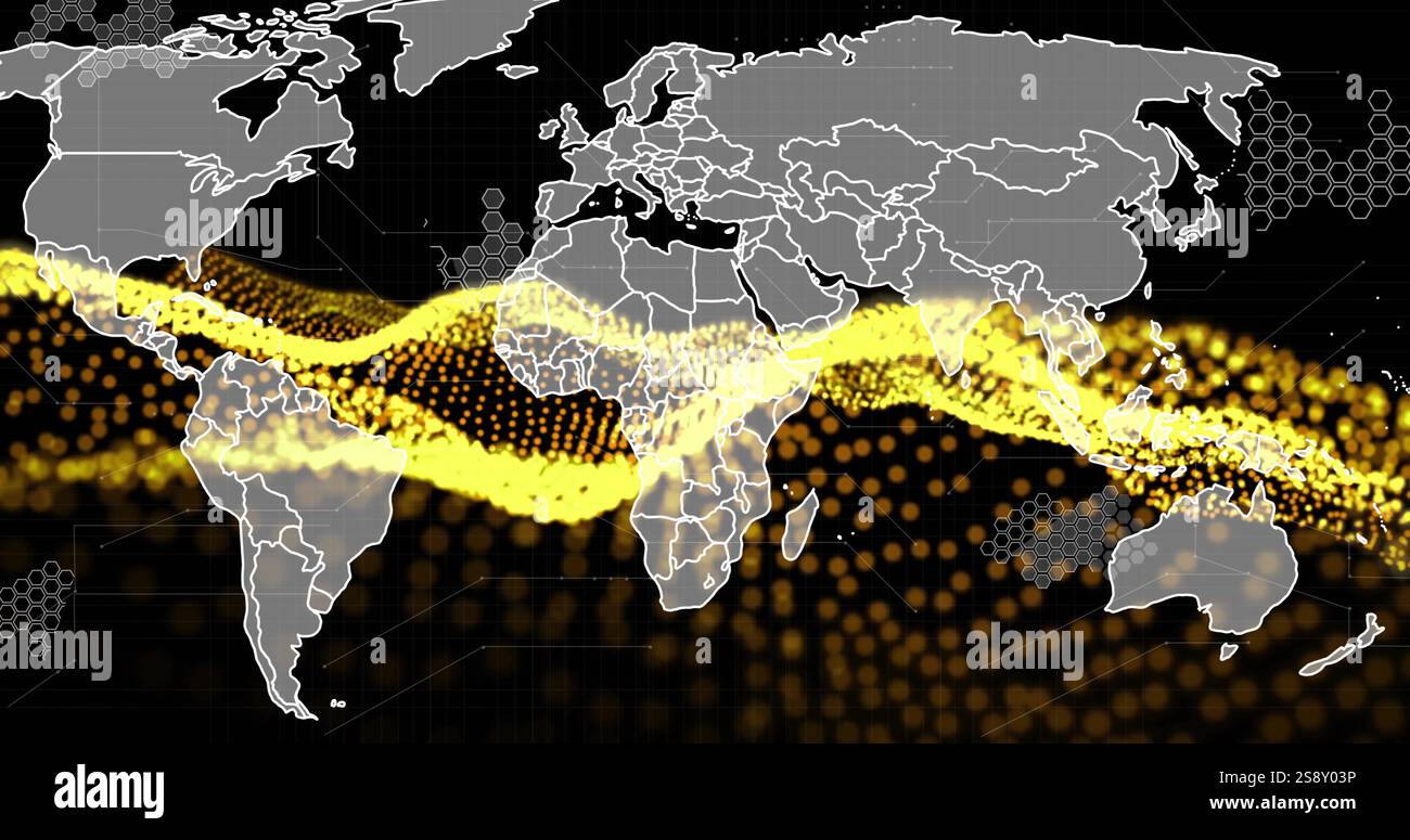 Global data flow image over world map with yellow and black dots Stock Photo