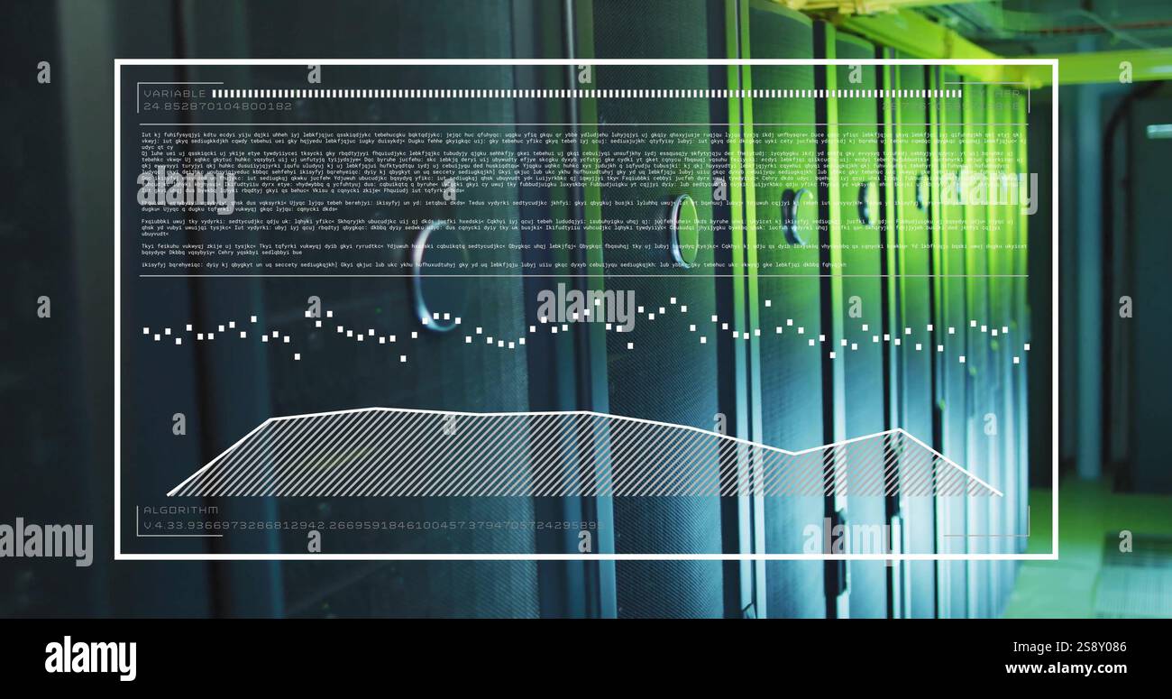 Data analysis and algorithm image over server racks in data center ...