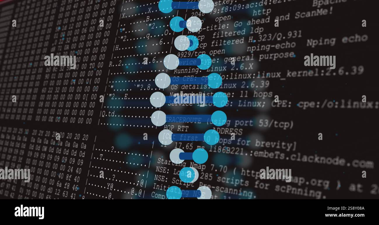 DNA strand and binary coding, scientific data processing image Stock Photo