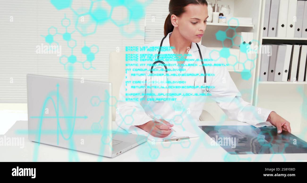 Image of chemical formula and data processing over caucasian female ...