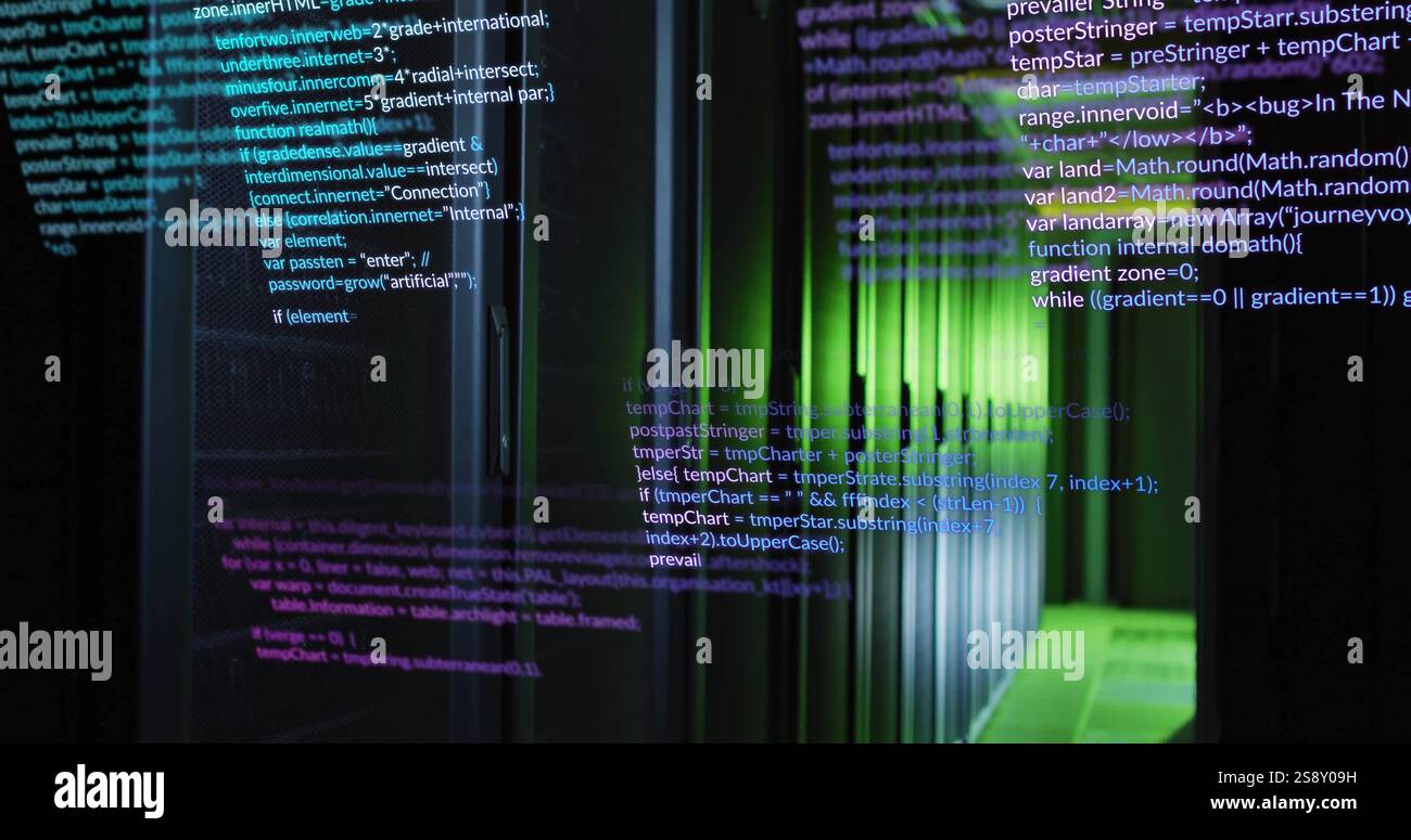 Computer code image over server racks in data center Stock Photo - Alamy