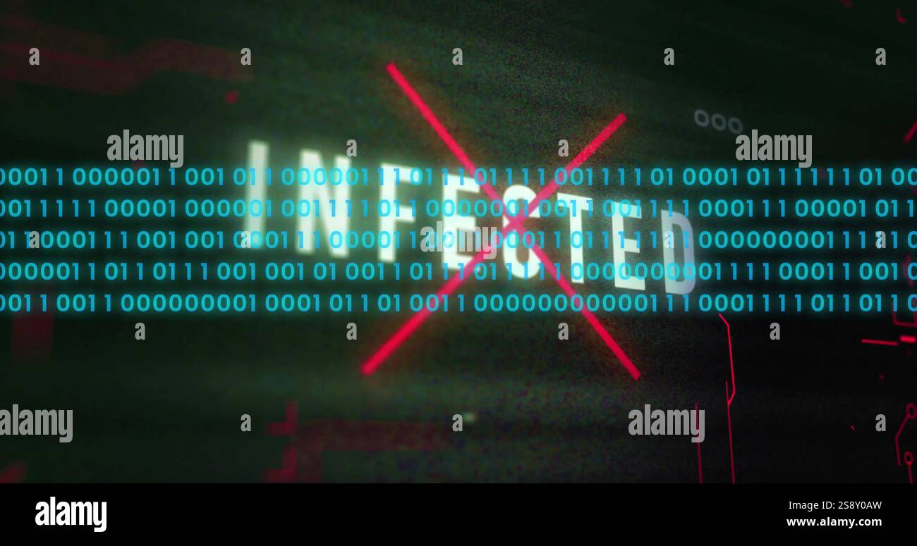 Image of data processing over infected text and computer circuit board on black background Stock Photo