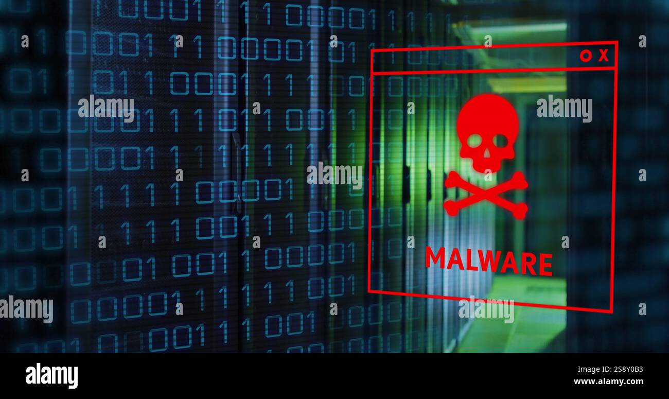 Image of malware text and data processing over computer servers Stock Photo