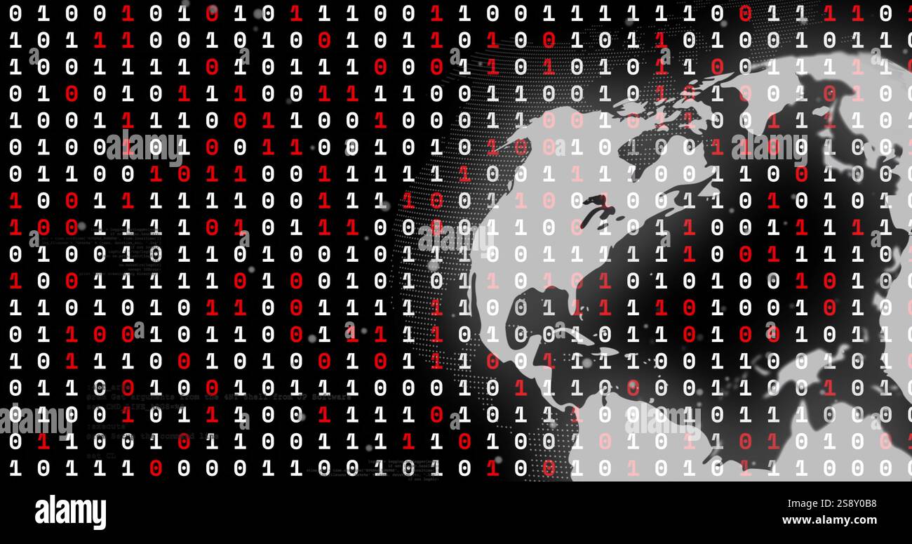 Binary code over image of globe, representing global data processing Stock Photo