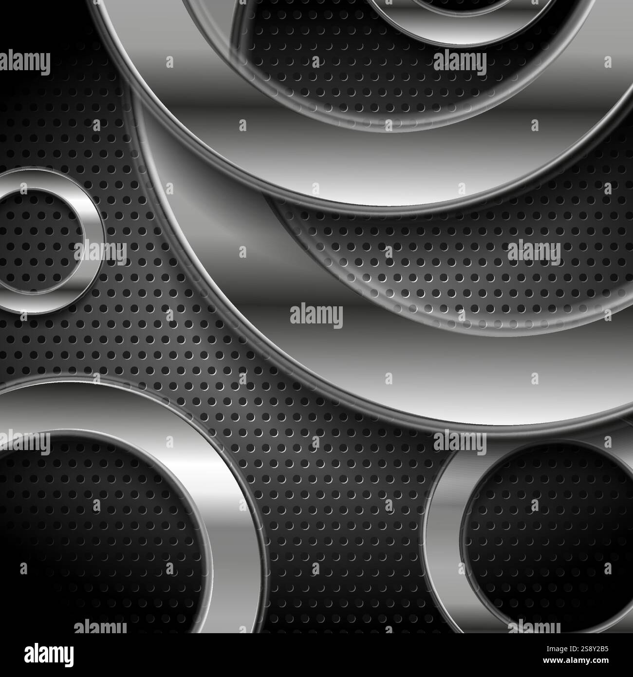 Tech abstract background with silver circles on perforated metallic texture. Vector geometry design Stock Vector