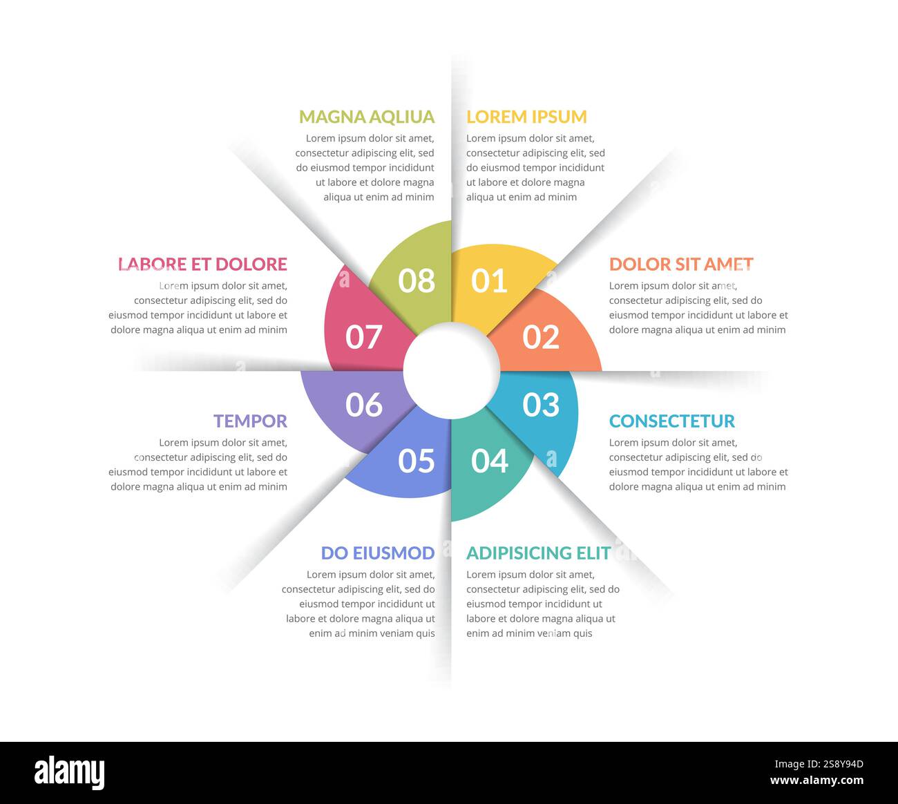Circle diagram template with eight steps or options, circle ...