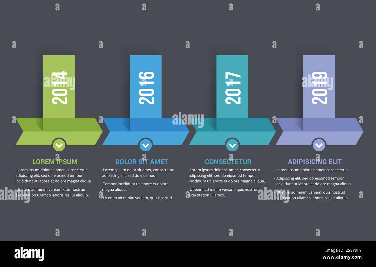 Timeline Ruler Template Horizontal timeline infographics template with four arrows, vector ...