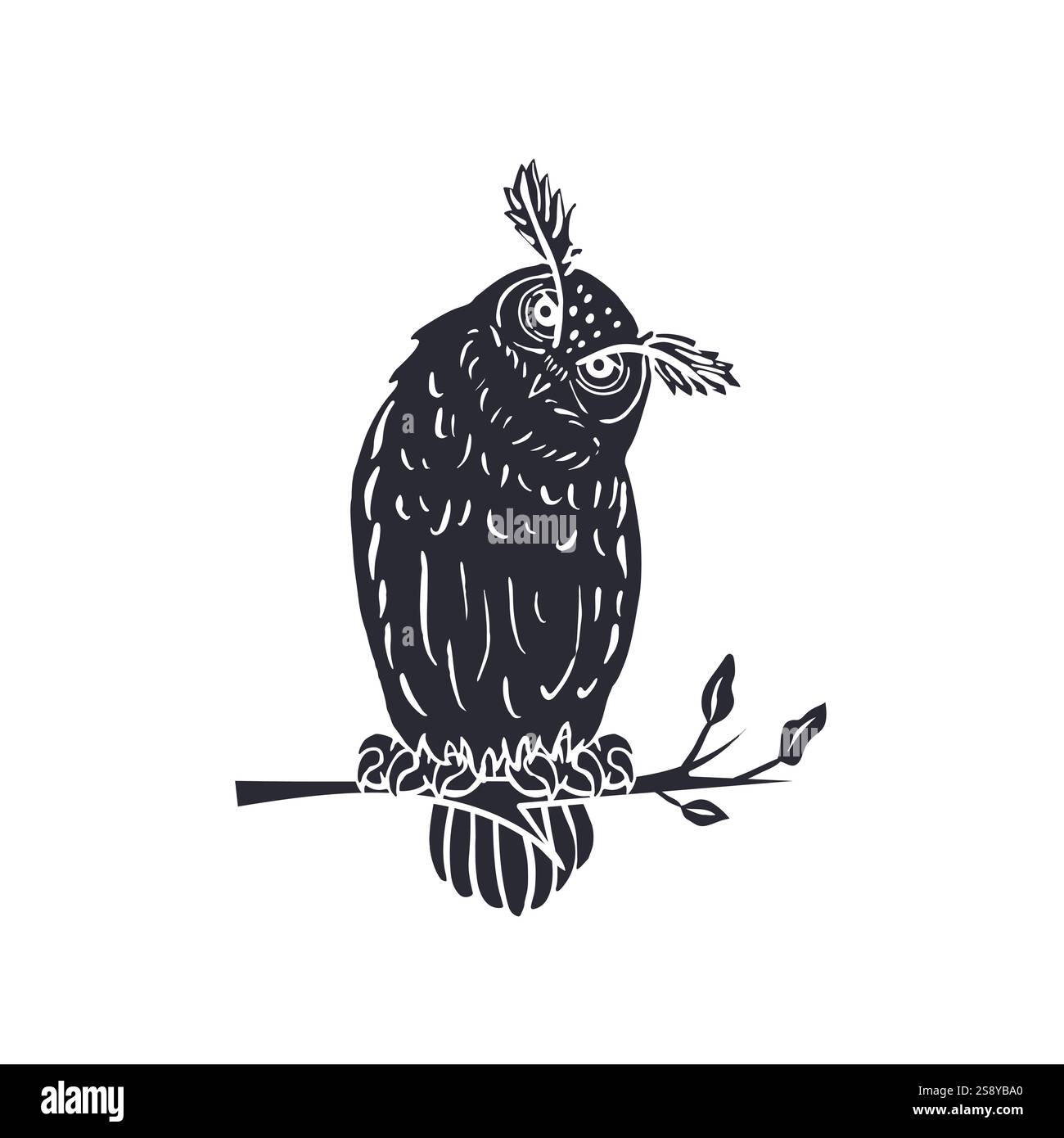 Hand drawn black silhouette eagle-owl sitting on tree branch Stock Vector