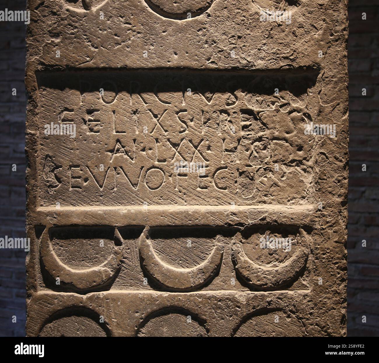 Funerary stela of Porcius Felix, 70 years od, Cara city. Roman period. 2nd century. Navarra Museum. Pamplona. Spain. Stock Photo