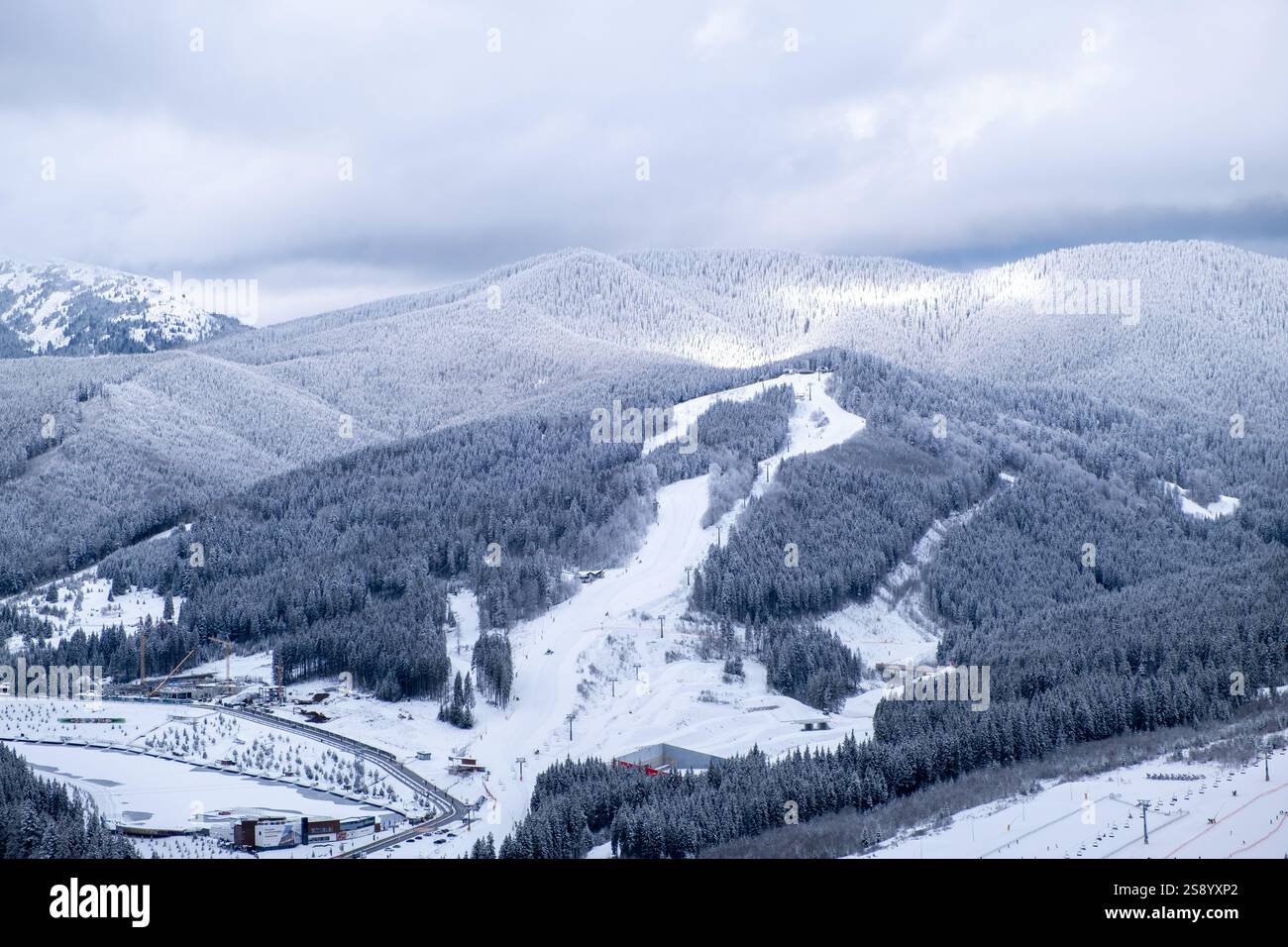 Aerial View of Snowy Mountain Ski Resort Stock Photo - Alamy