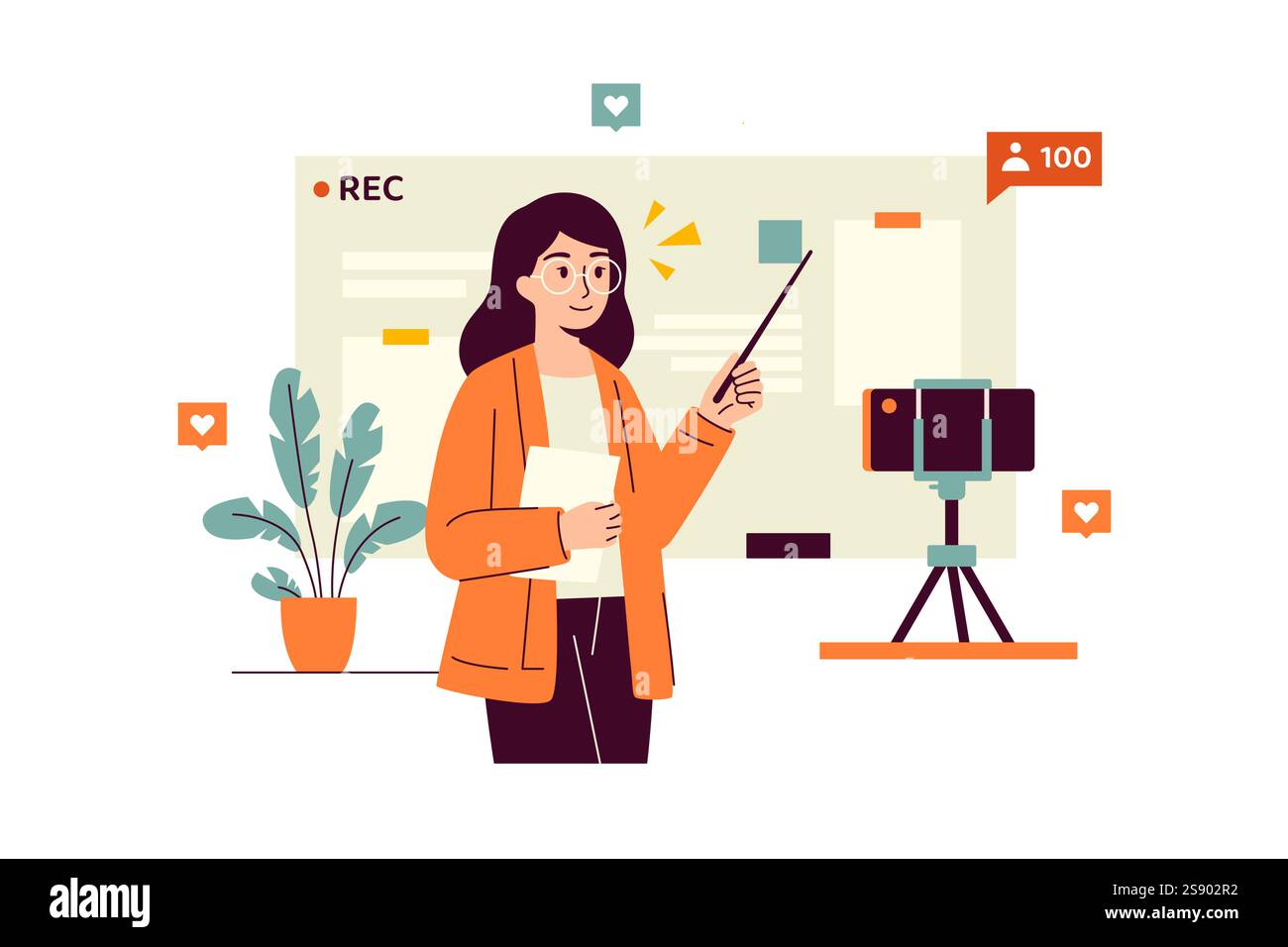 Vector illustration of a teacher in glasses standing at the board and filming a video lesson on a phone standing on a tripod Stock Vector