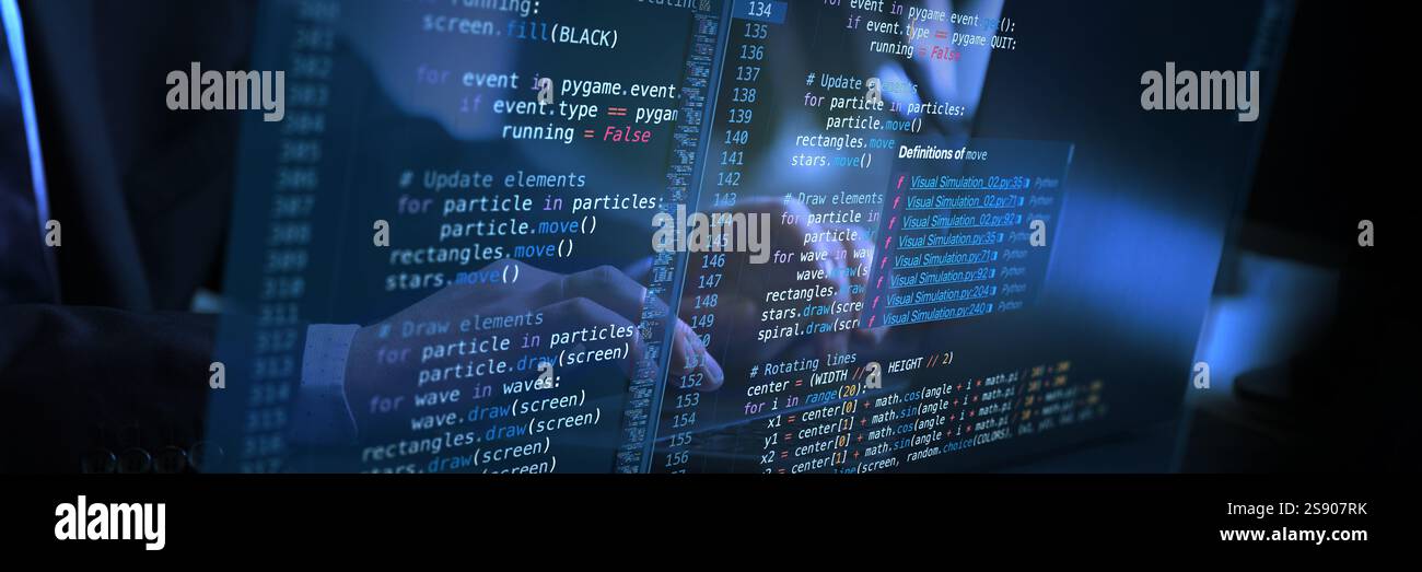 Interactive virtual coding workspace displaying fictional code, blending human input and advanced technology for digital creations. Stock Photo