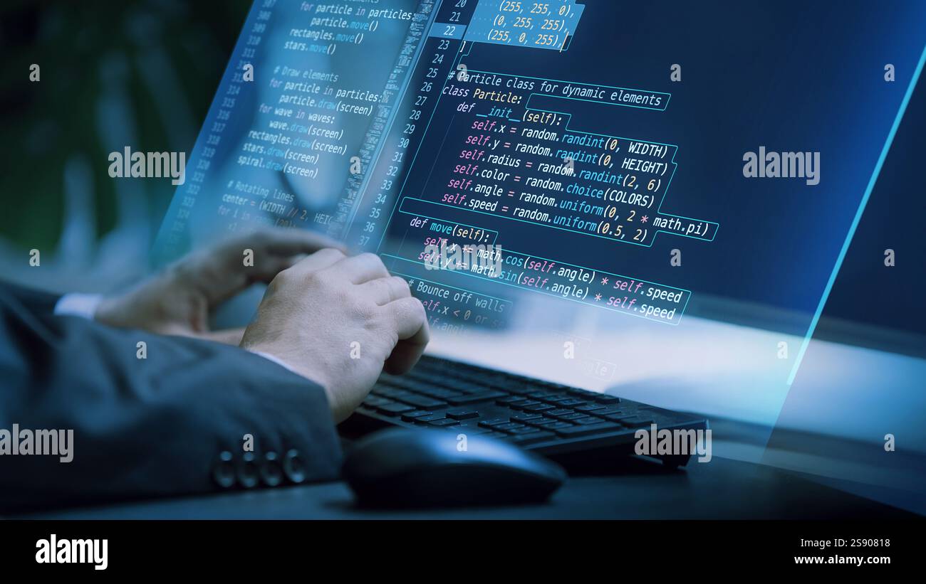 Hands typing with fictional code displayed on a virtual interface, illustrating dynamic digital workspace focused on creative and technical innovation Stock Photo