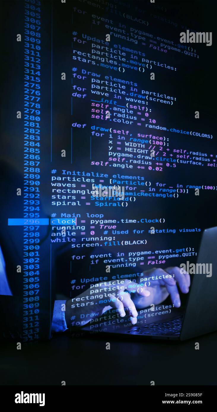 Fictional code overlay on desktop screen in virtual environment, illustrating precision and creativity in creating simulations within virtual Stock Photo