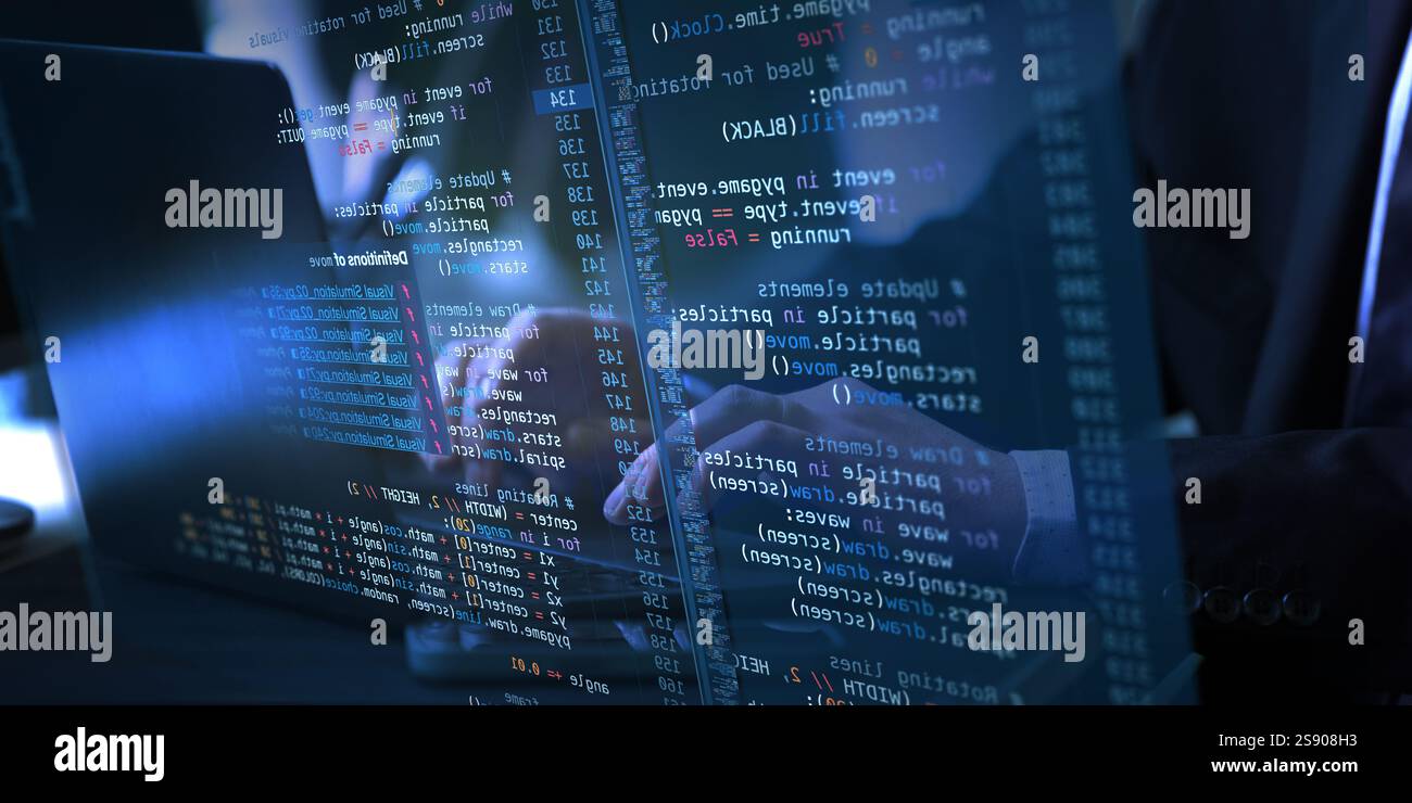 Professional pointing towards virtual screen displaying live fictional code and analytical graphs, suggesting data analysis or programming workflow. Stock Photo