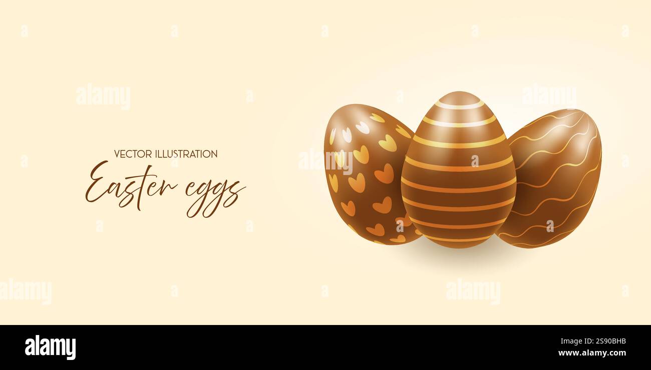 Chocolate easter eggs, banner, realistic 3d. Vector illustration on transparent background Stock Vector