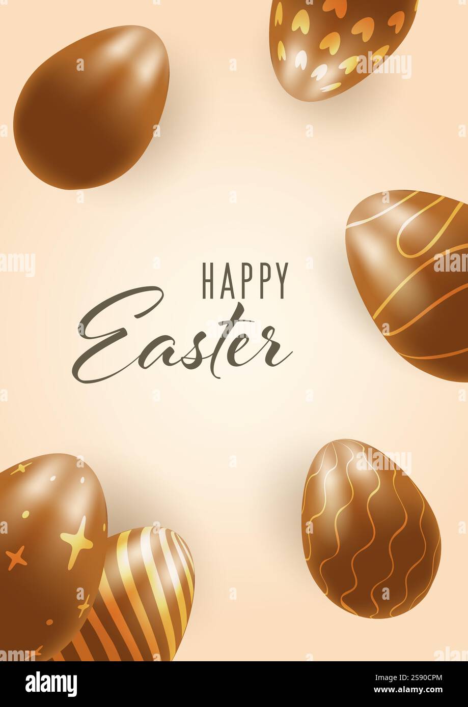 Happy Easter, 3D chocolate eggs greeting card, Easter on a warm background Stock Vector