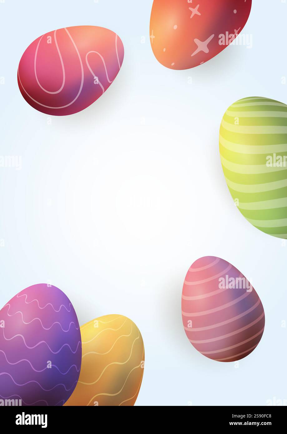 Easter multicolored eggs realistic 3d, confetti blue. Vector illustration, copy space Stock Vector