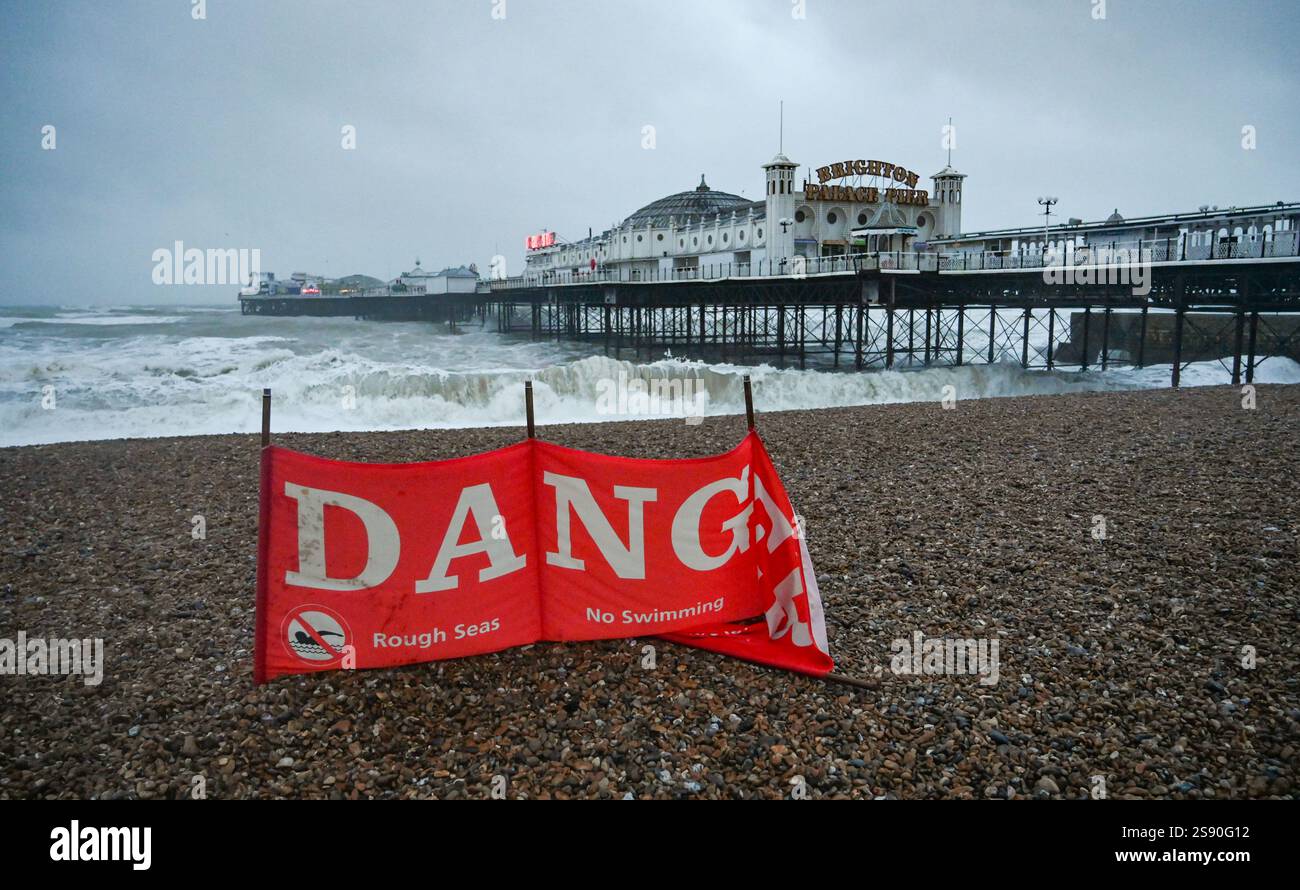 Brighton UK 24th January 2025 A Danger warning sign on Brighton beach
