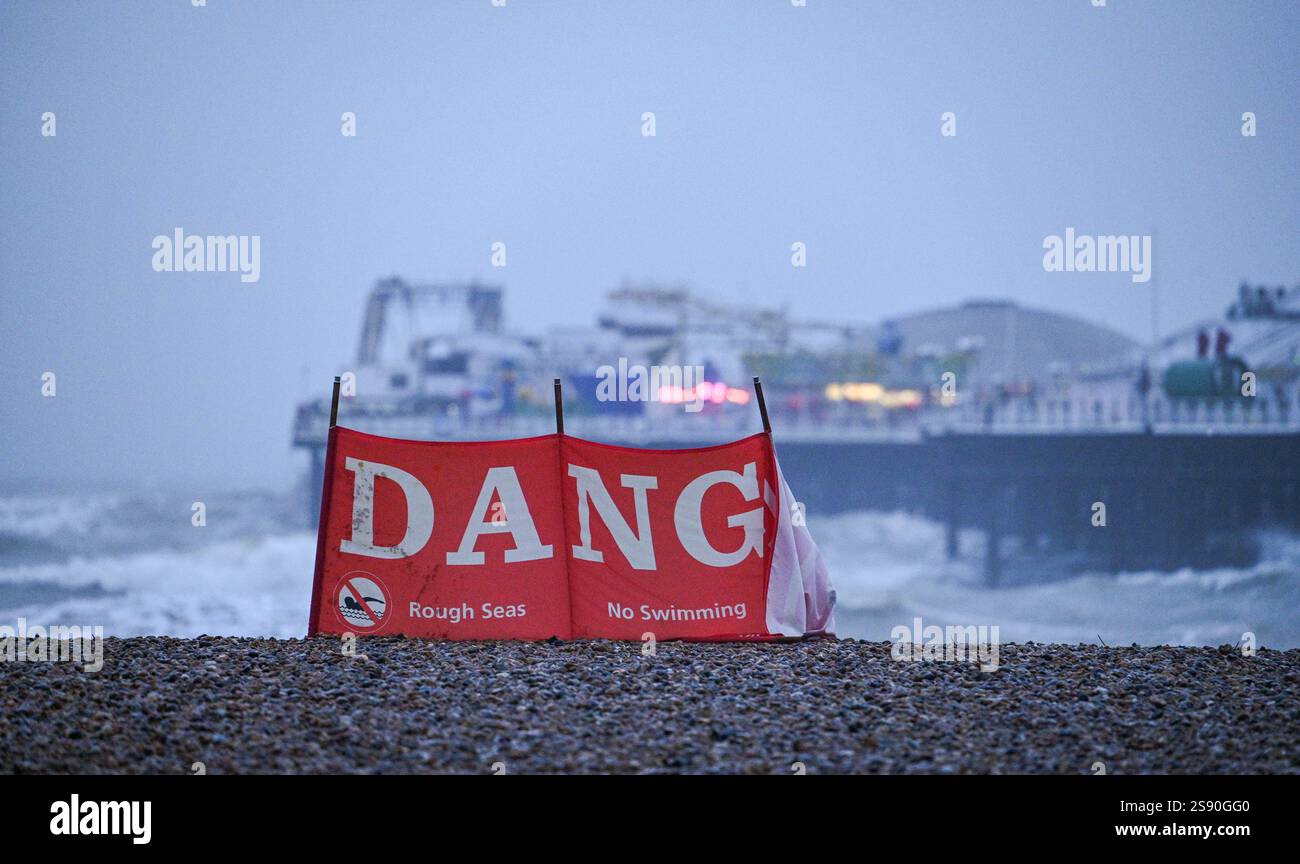Brighton UK 24th January 2025 A Danger warning sign on Brighton beach