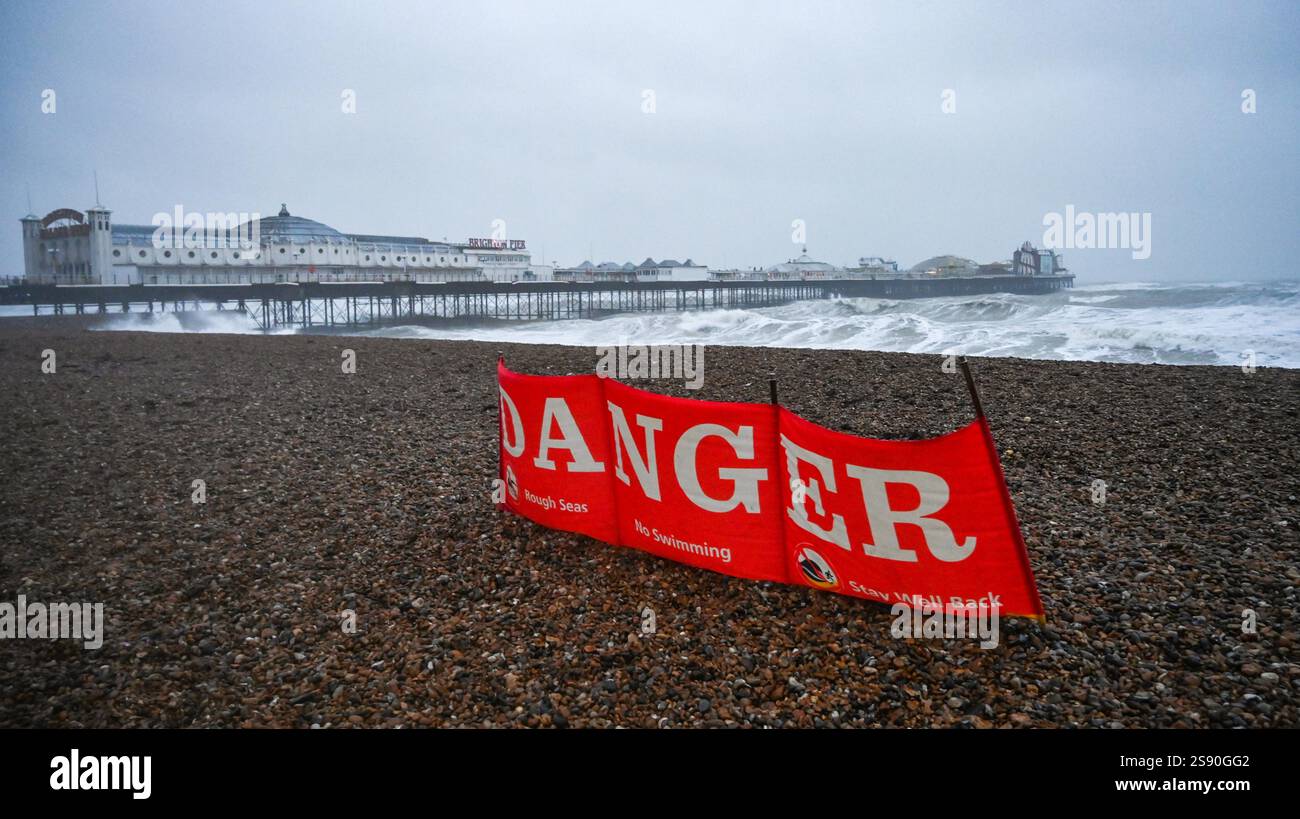Brighton UK 24th January 2025 A Danger warning sign on Brighton beach