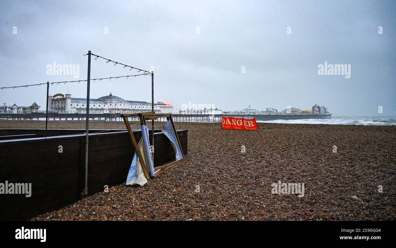 Brighton UK 24th January 2025 A Danger warning sign on Brighton beach
