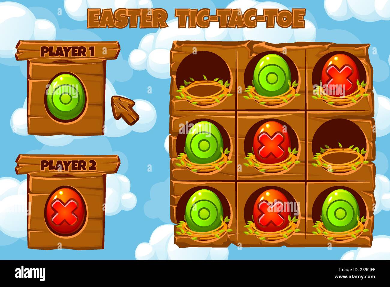 TIC-TAC-TOE game UI. Board game playing field with red and green eggs ...
