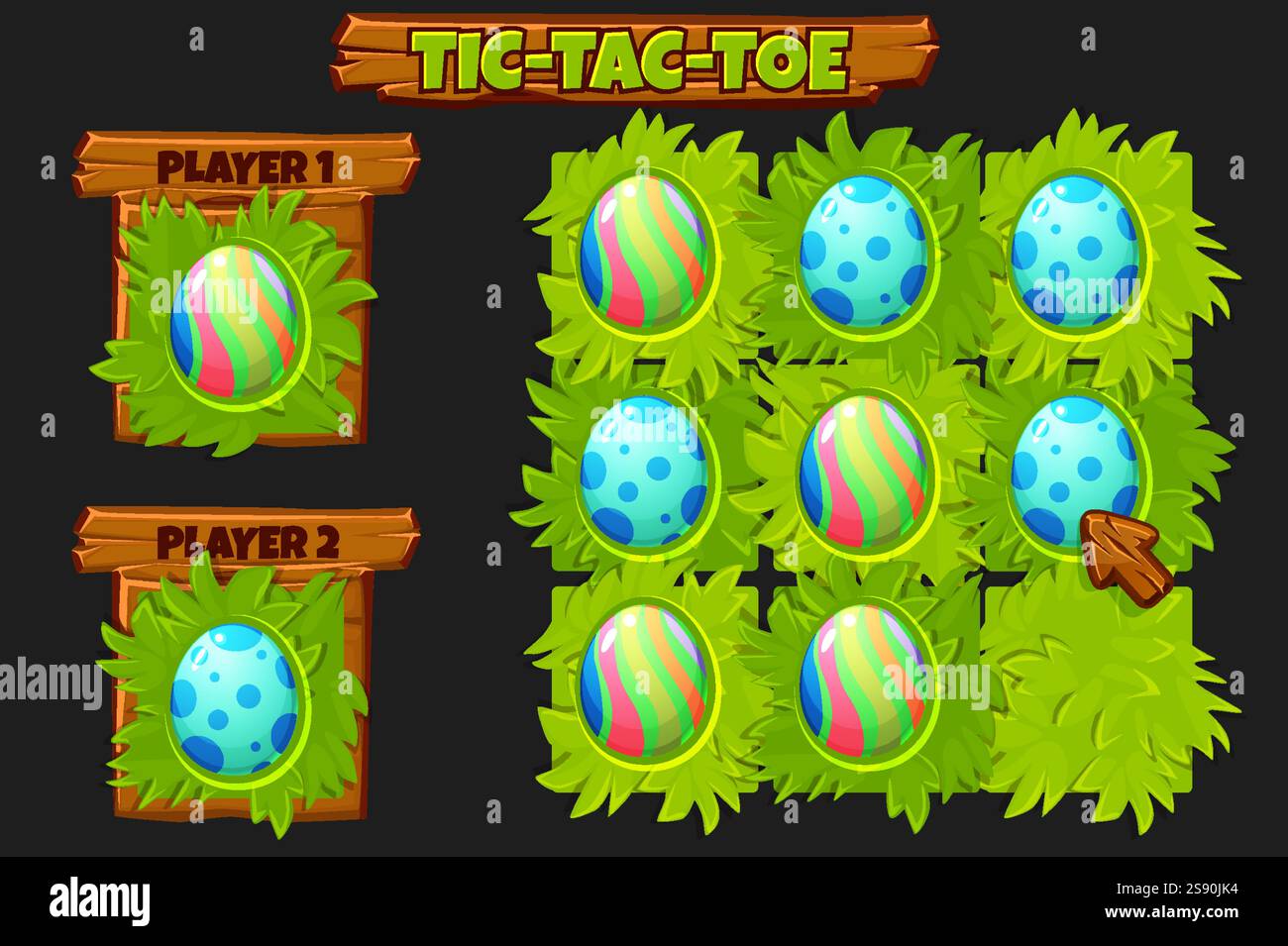 Easter TIC-TAC-TOE ,game UI. Board game playing field with colored eggs ...