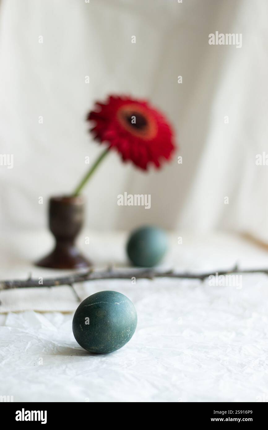 Natural Easter composition with a red flower, dyed eggs. Stock Photo