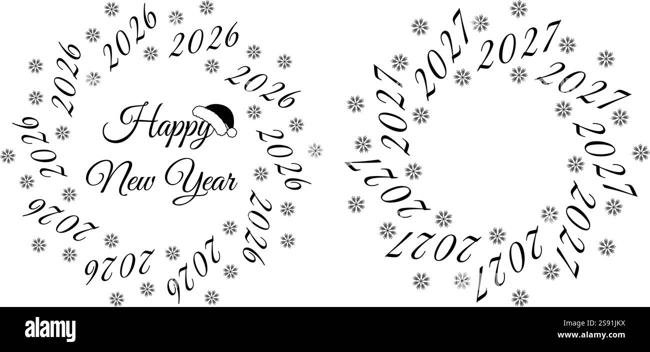 Happy New Year 2026 and 2027 Circle Frames lettering, snowflakes and ...