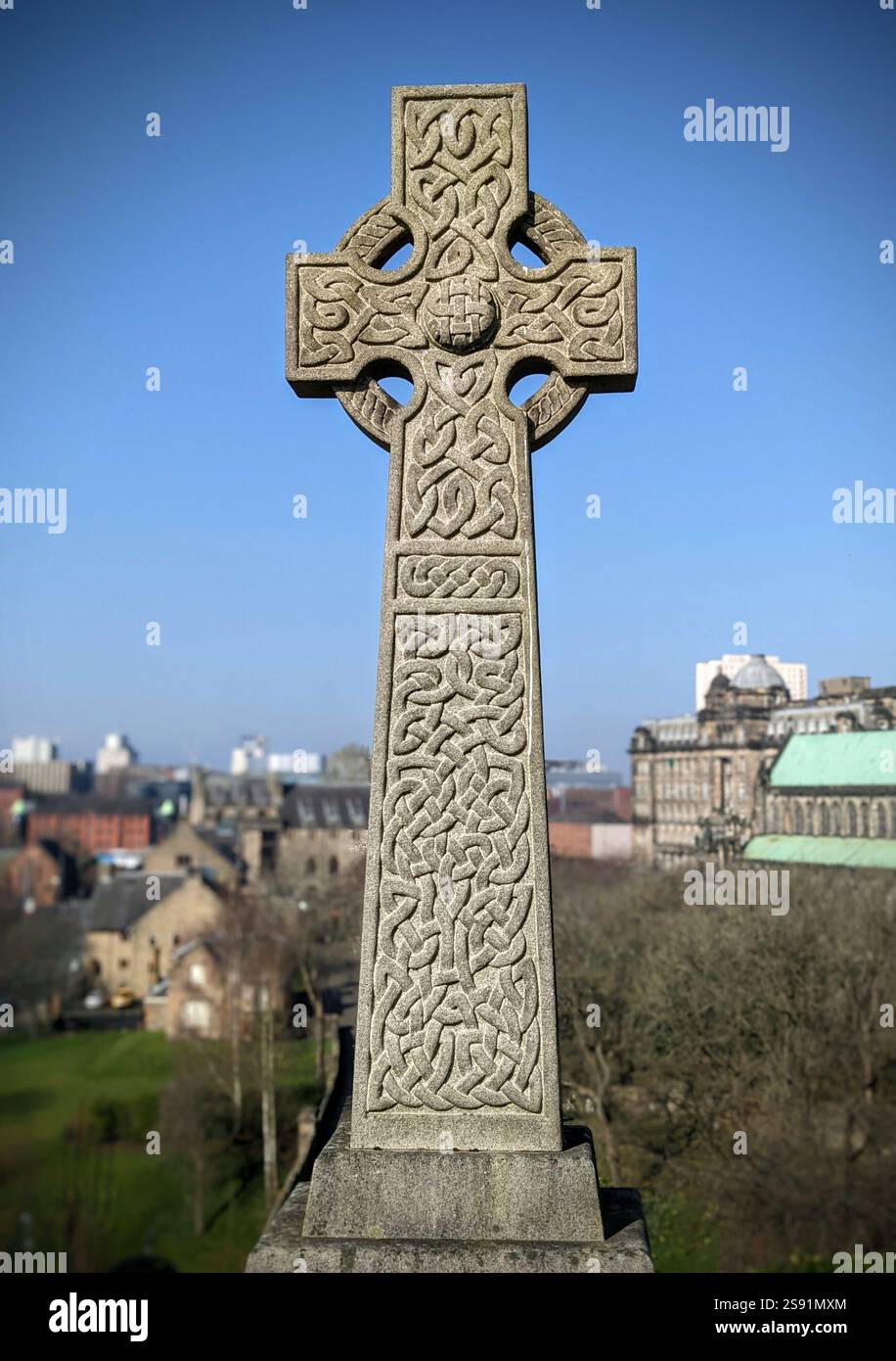 Celtic Cross Gravestone Grave Marker Cemetery Scotland - Smartphone Captured Stock Image