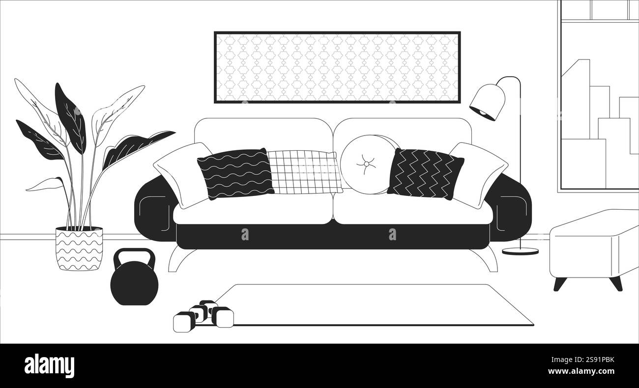 Cozy living room with fitness gear black and white line illustration ...