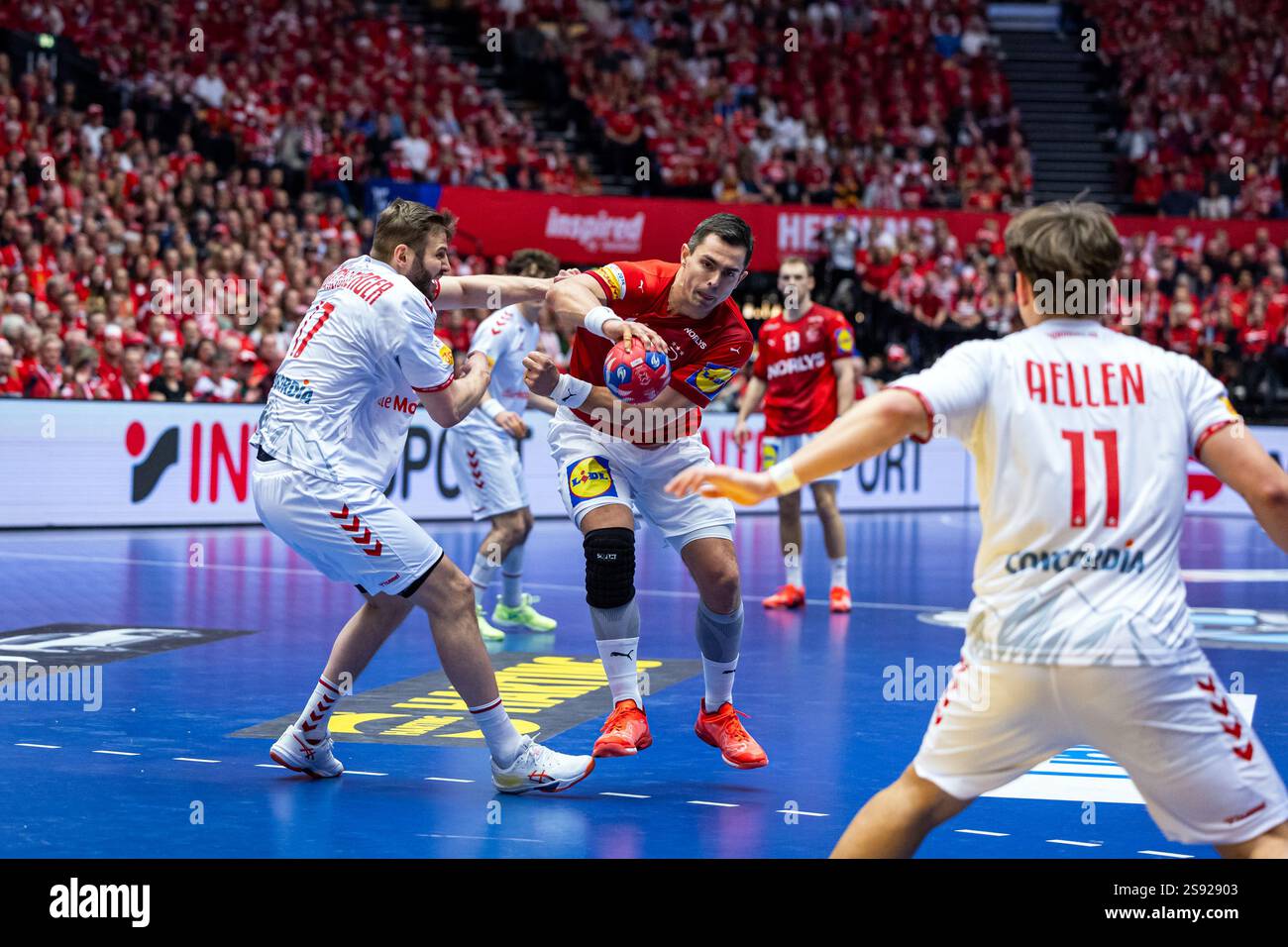 Herning, Denmark. 23rd, January 2025. Rasmus Lauge (11) of Denmark and